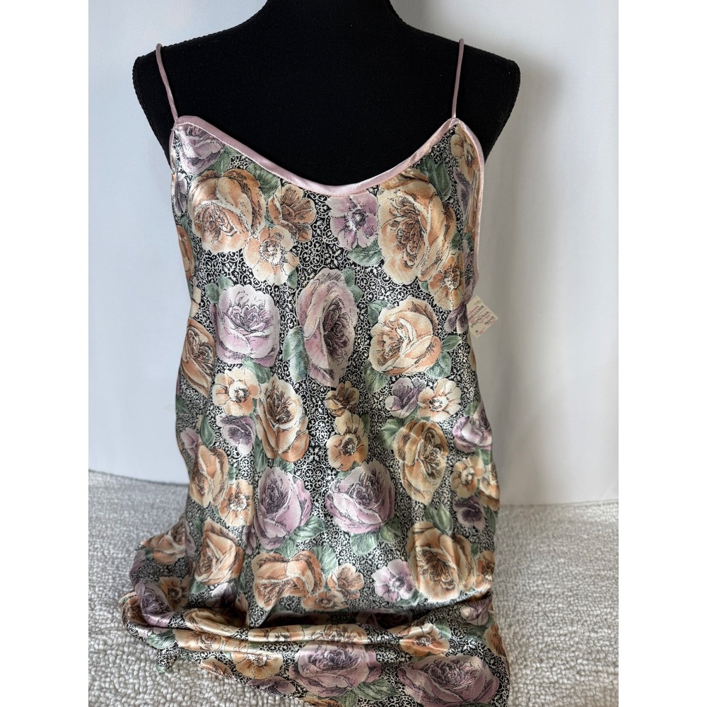 VTG California Dynasty Womens Medium Floral Nightgown Satin Pink‎ Trim NWT
